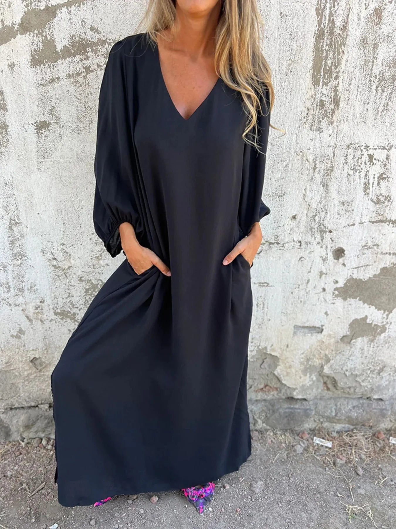 Full Size Slit V-Neck Balloon Sleeve Midi Dress Plus Size