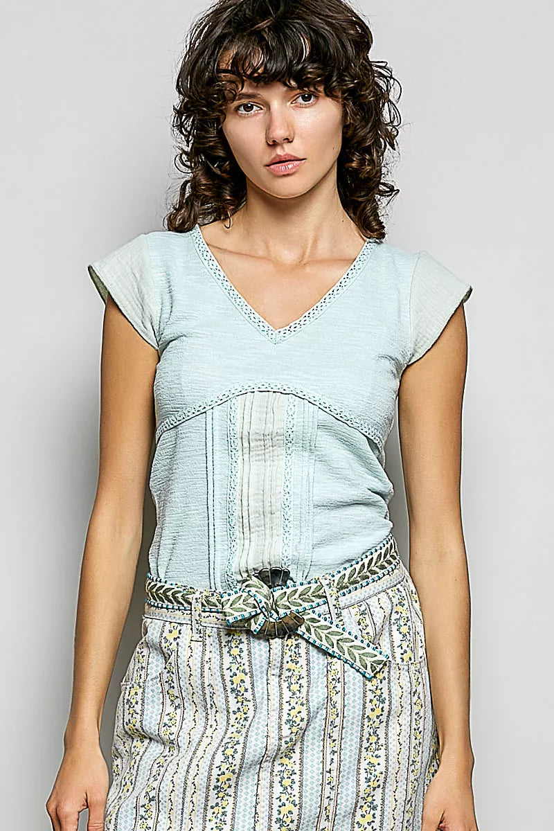 POL V-Neck Lightweight Textured Short Sleeve Knit Top with Lace Trim