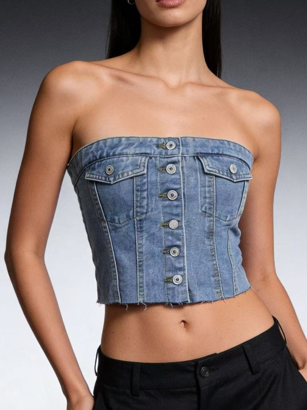 Button-Front Strapless Denim Top