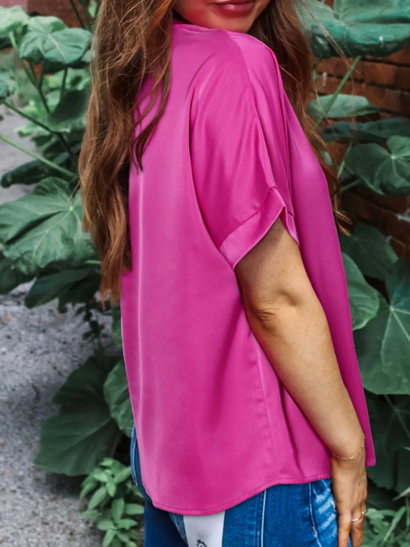 Silky V Neck Dolman Sleeve Blouse