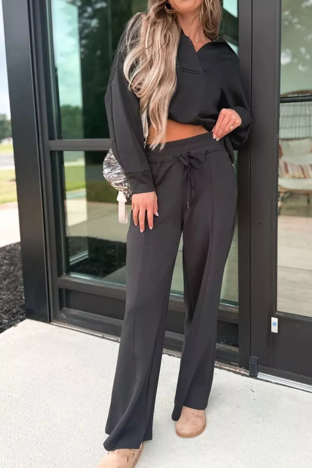 Collared V Neck Pullover Sweatshirt Sweatpants Set