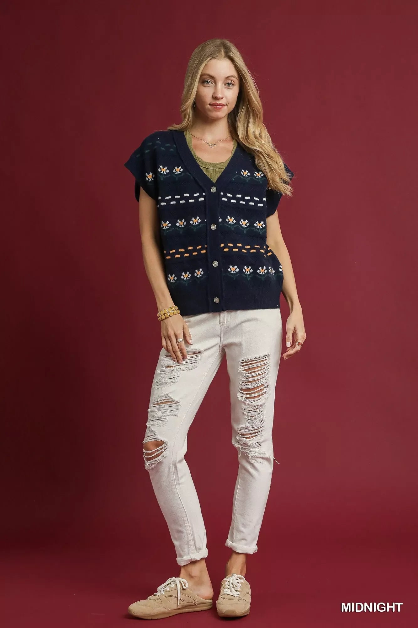 Umgee Button-Down Knit Vest with Floral Pattern