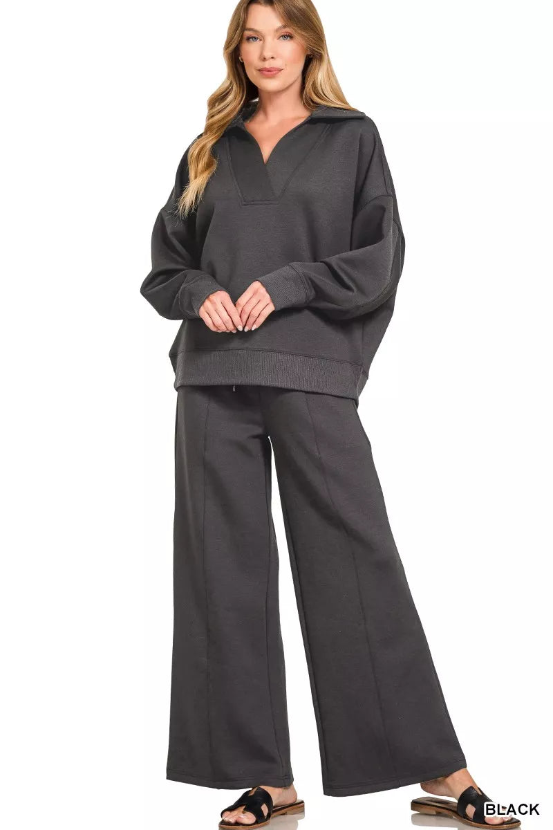 Zenana Scuba Collared Pullover & Center Seam Pants Set