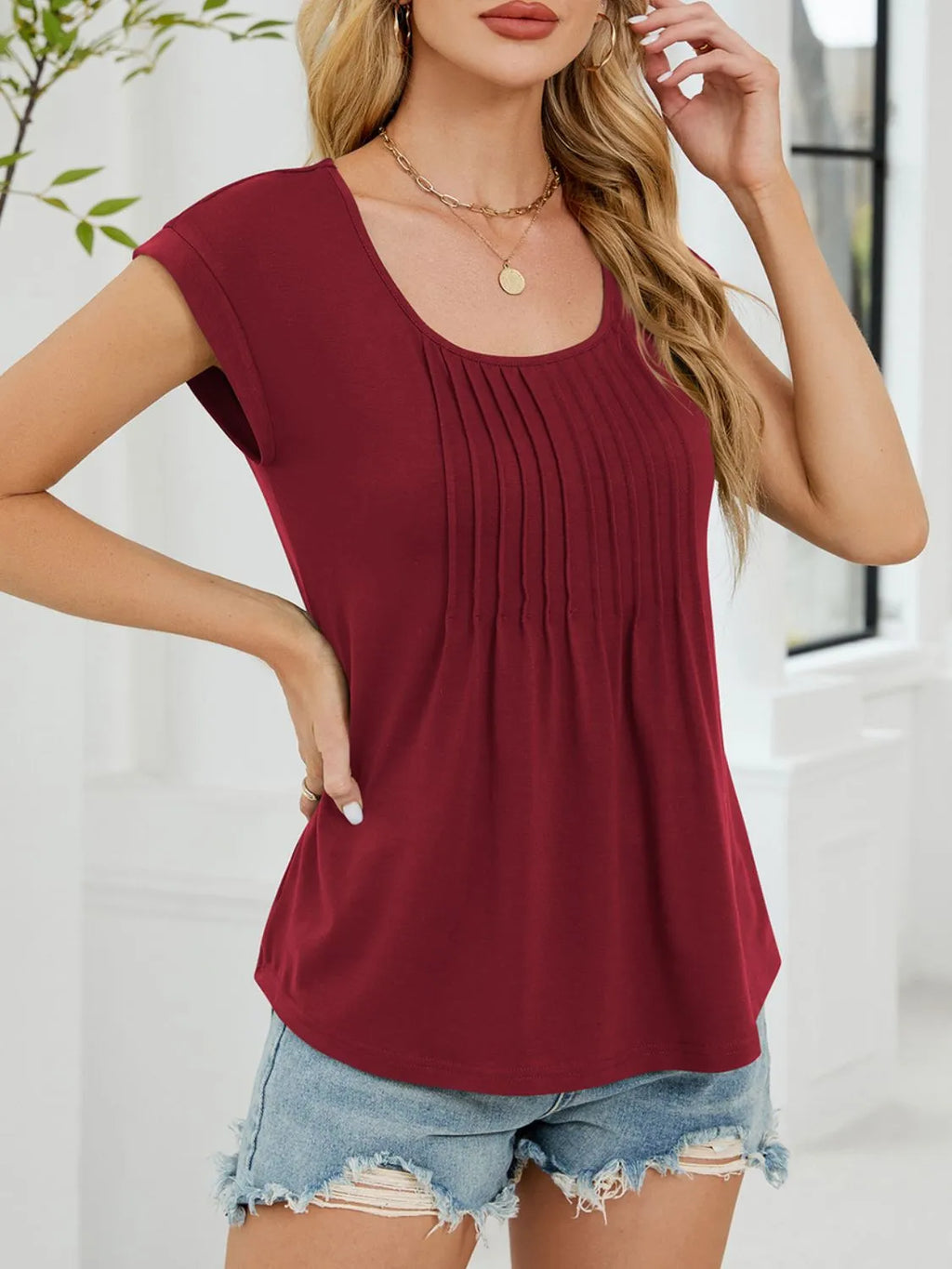 Pleated Front Scoop Neck T-Shirt