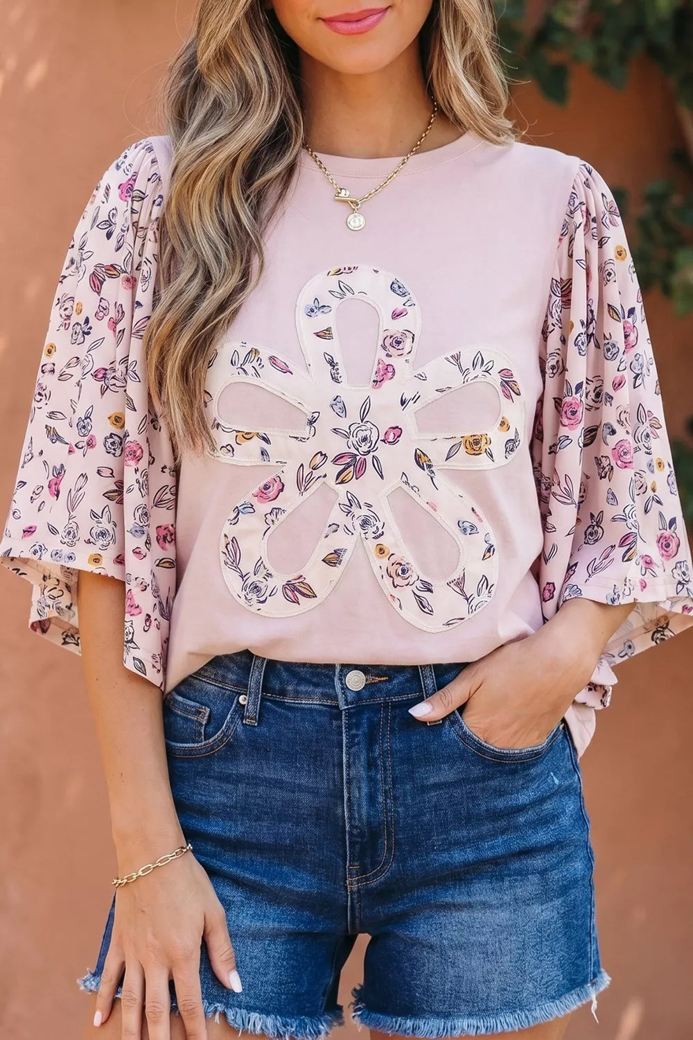 Floral Patchwork Bell Sleeve Blouse