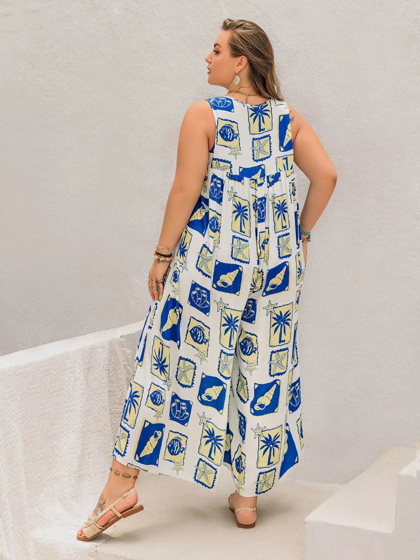 Plus Size Nautical Print Sleeveless Jumpsuit
