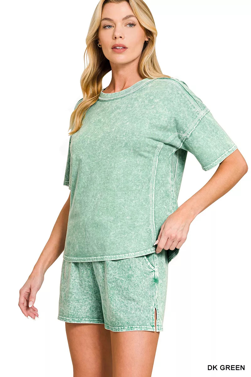 Zenana Halo Snow Washed Short Sleeve Tee and Shorts Set