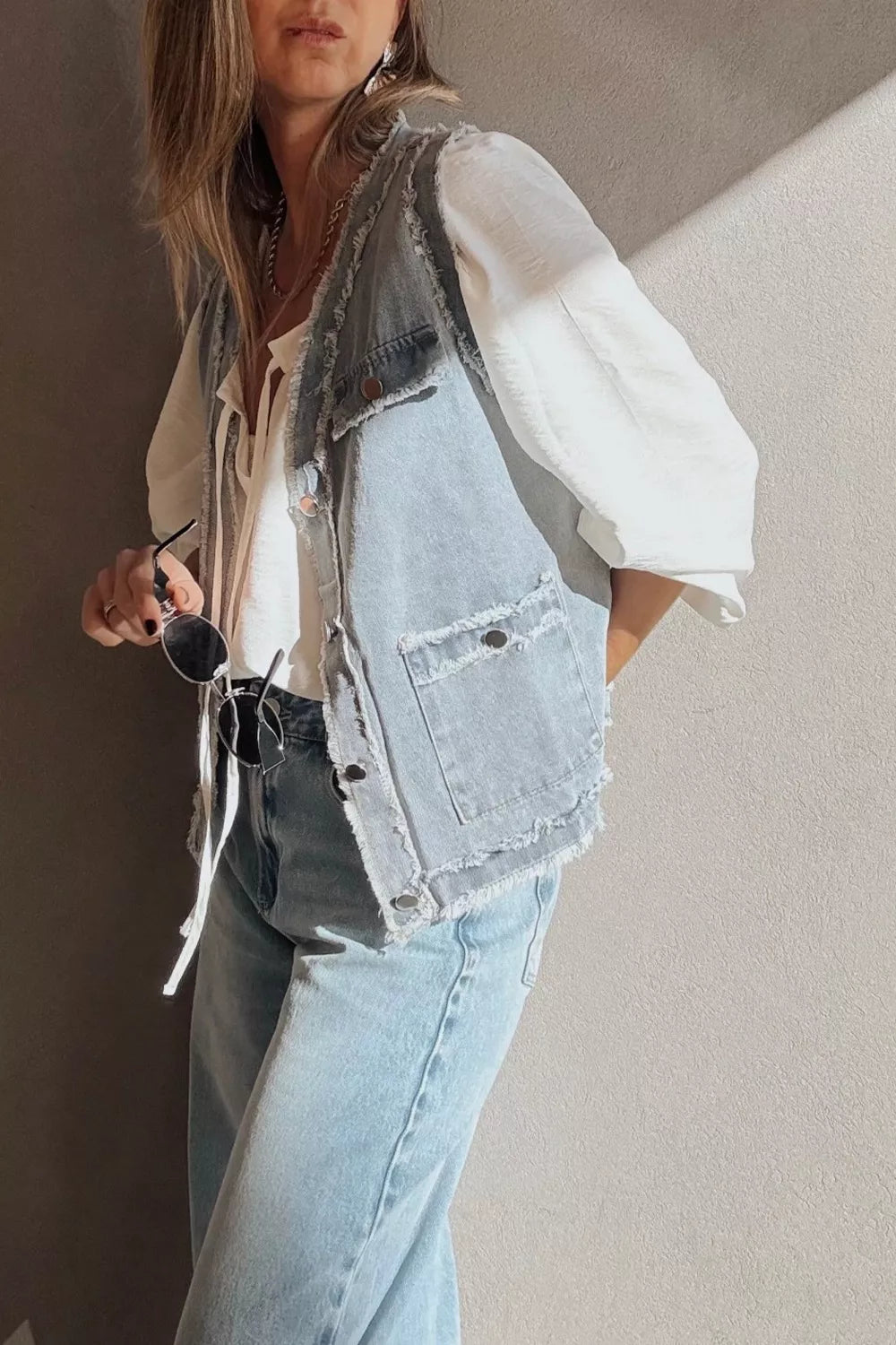 Frayed Edge Flap Pockets Denim Vest Jacket