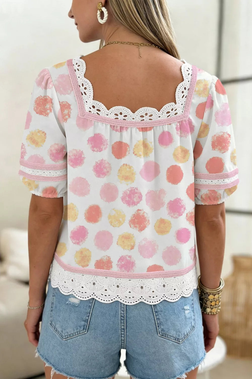 Polka Dot Lace Trim Square Neck Puff Sleeve Blouse