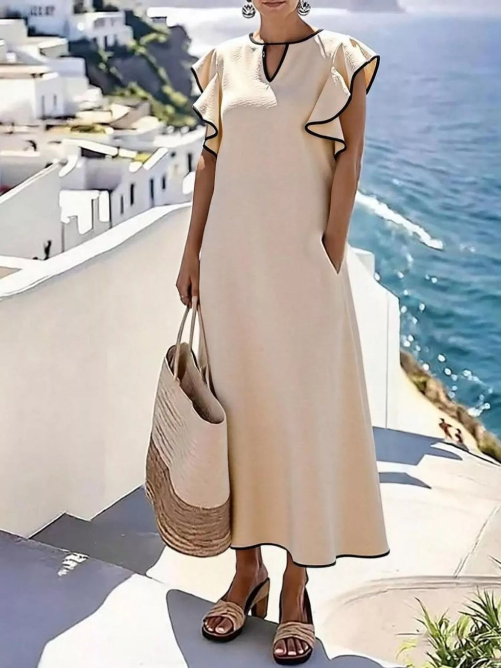 Ruffle Trim Notched Midi Dress
