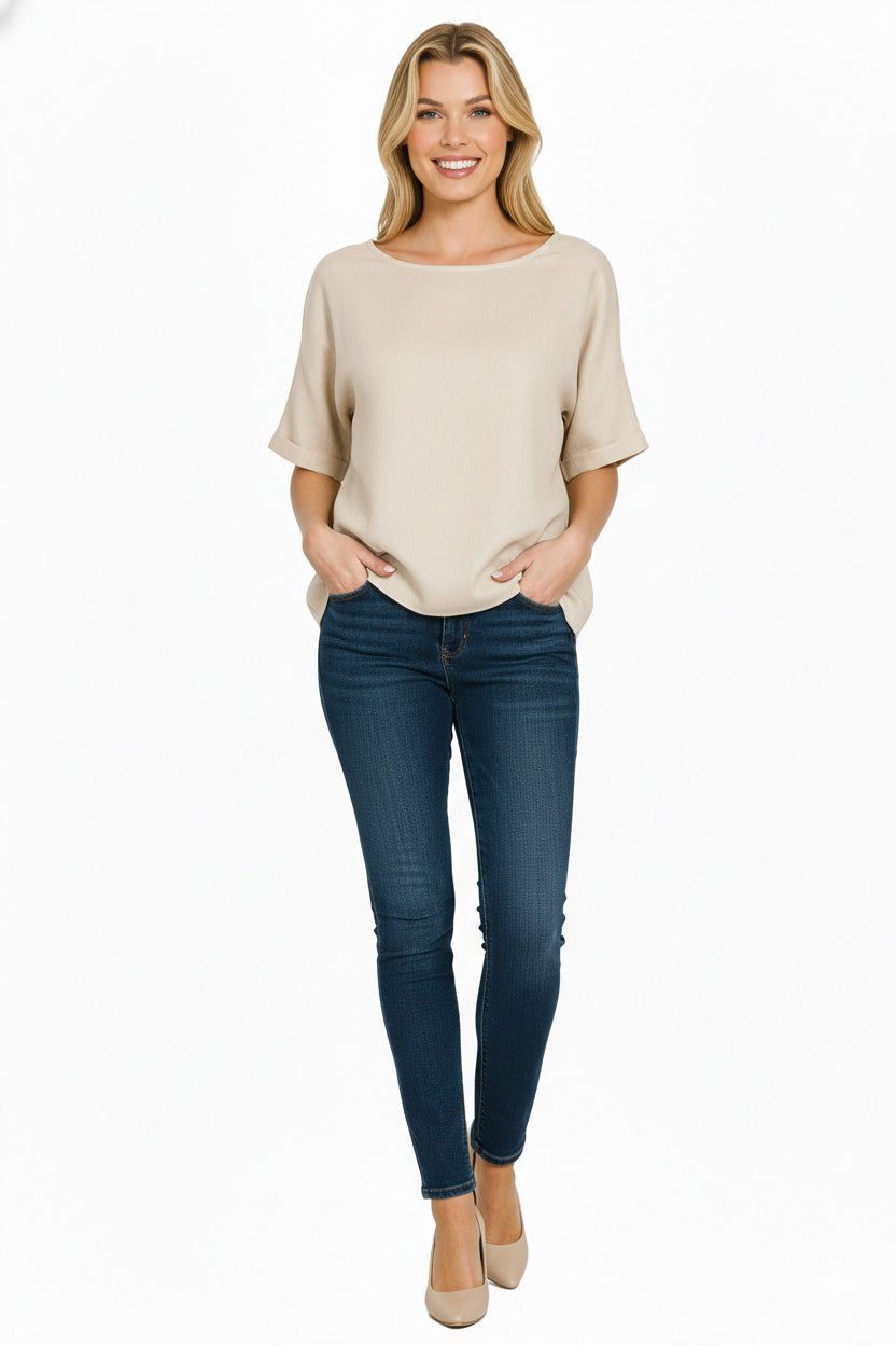 Zenana Linen Round Neck Cuffed Sleeve Top