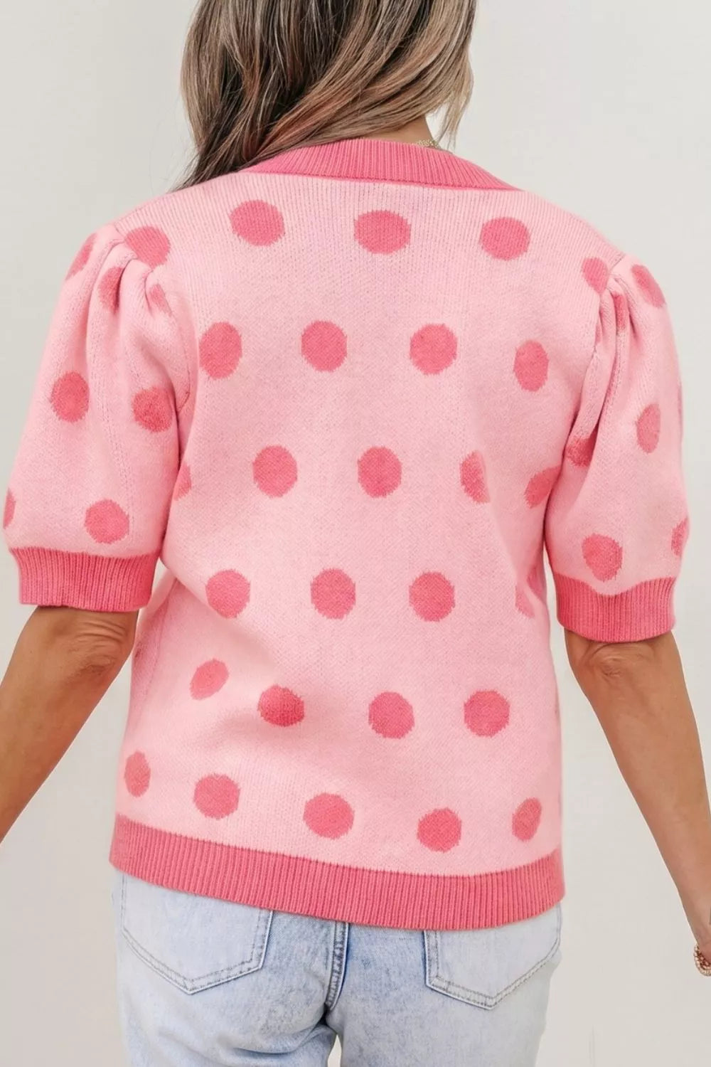 Polka Dot Puff Short Sleeve Sweater Top