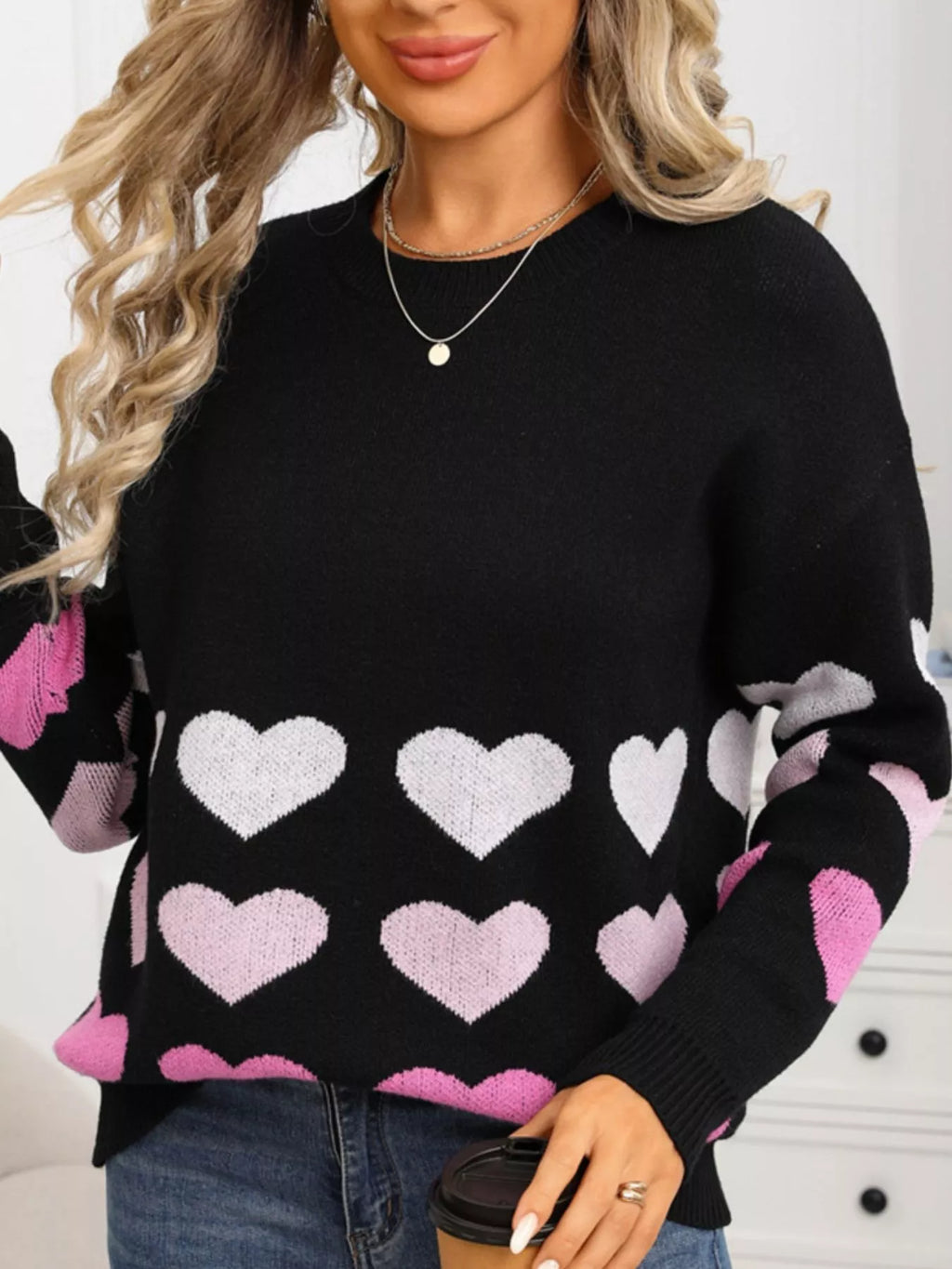 Valentine's Day Heart Pattern Crew Neck Sweater