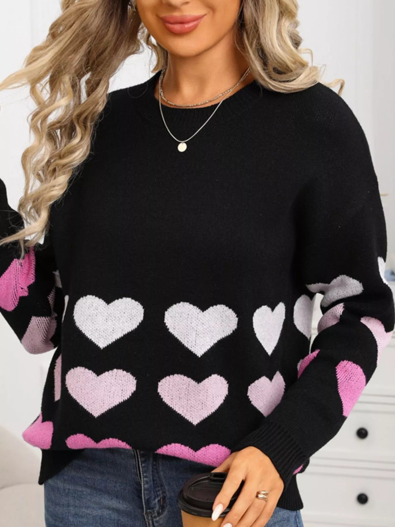 Valentine's Day Heart Pattern Crew Neck Sweater