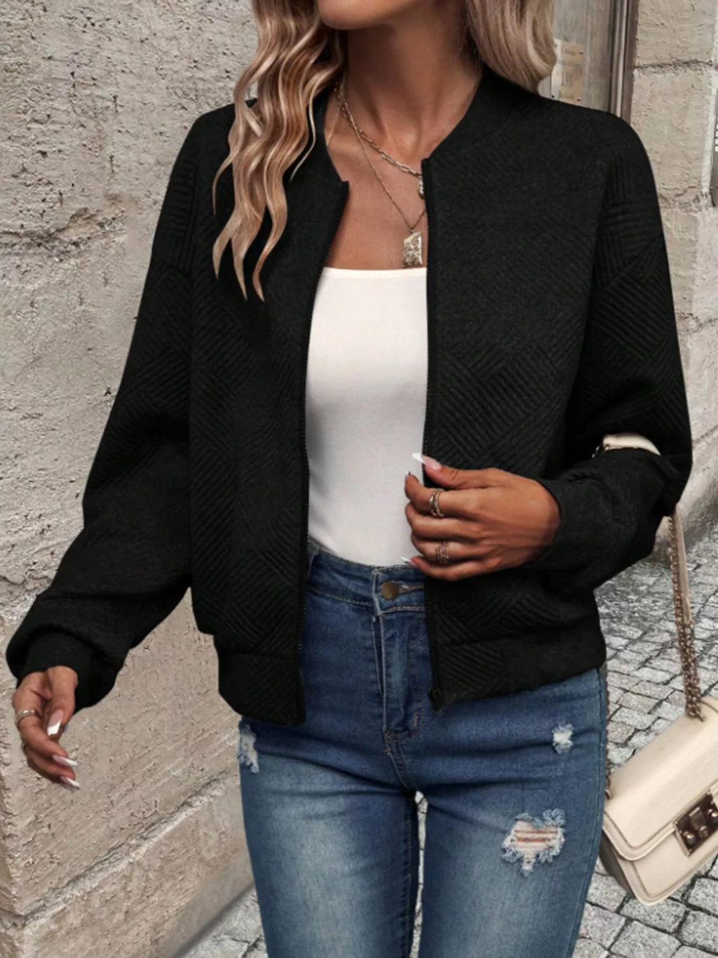 Textured Knit Zip-Up Bomber Jacket