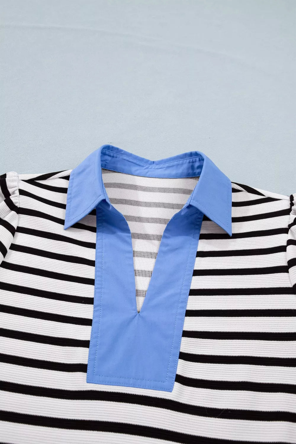 Striped Puff Sleeve Blouse with Contrast Collar