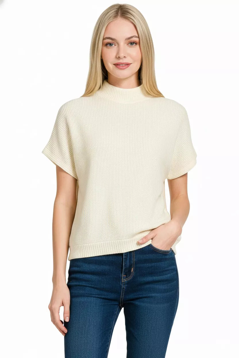 Zenana Mock Neck Short Sleeve Sweater