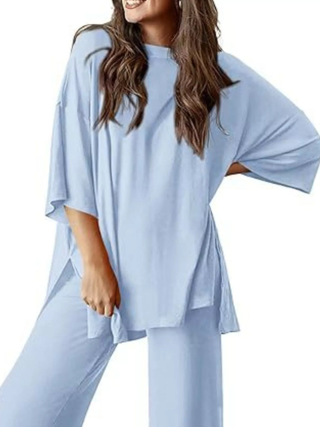 Relaxed Fit Round Neck Top and Pants Two-Piece Set