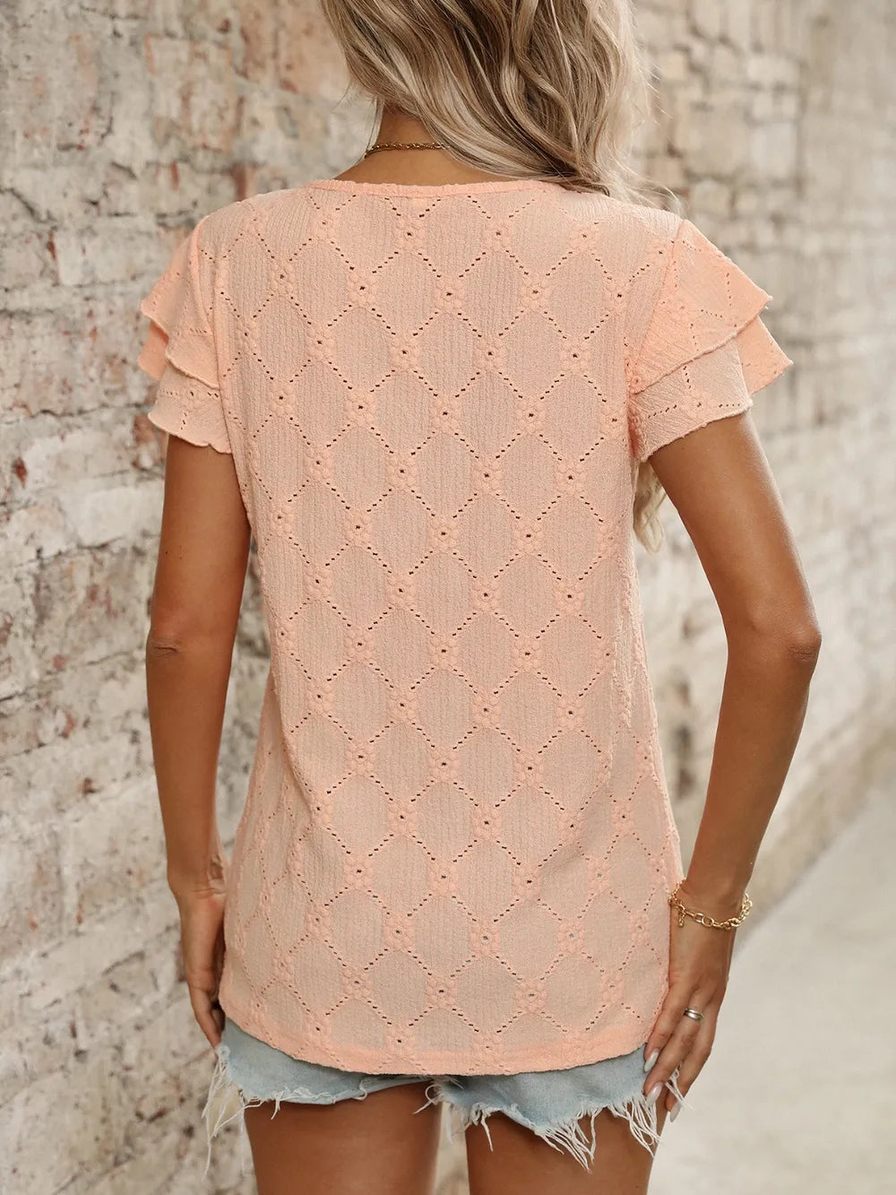 Eyelet Round Neck Double Layered Ruffled Short Sleeve Top