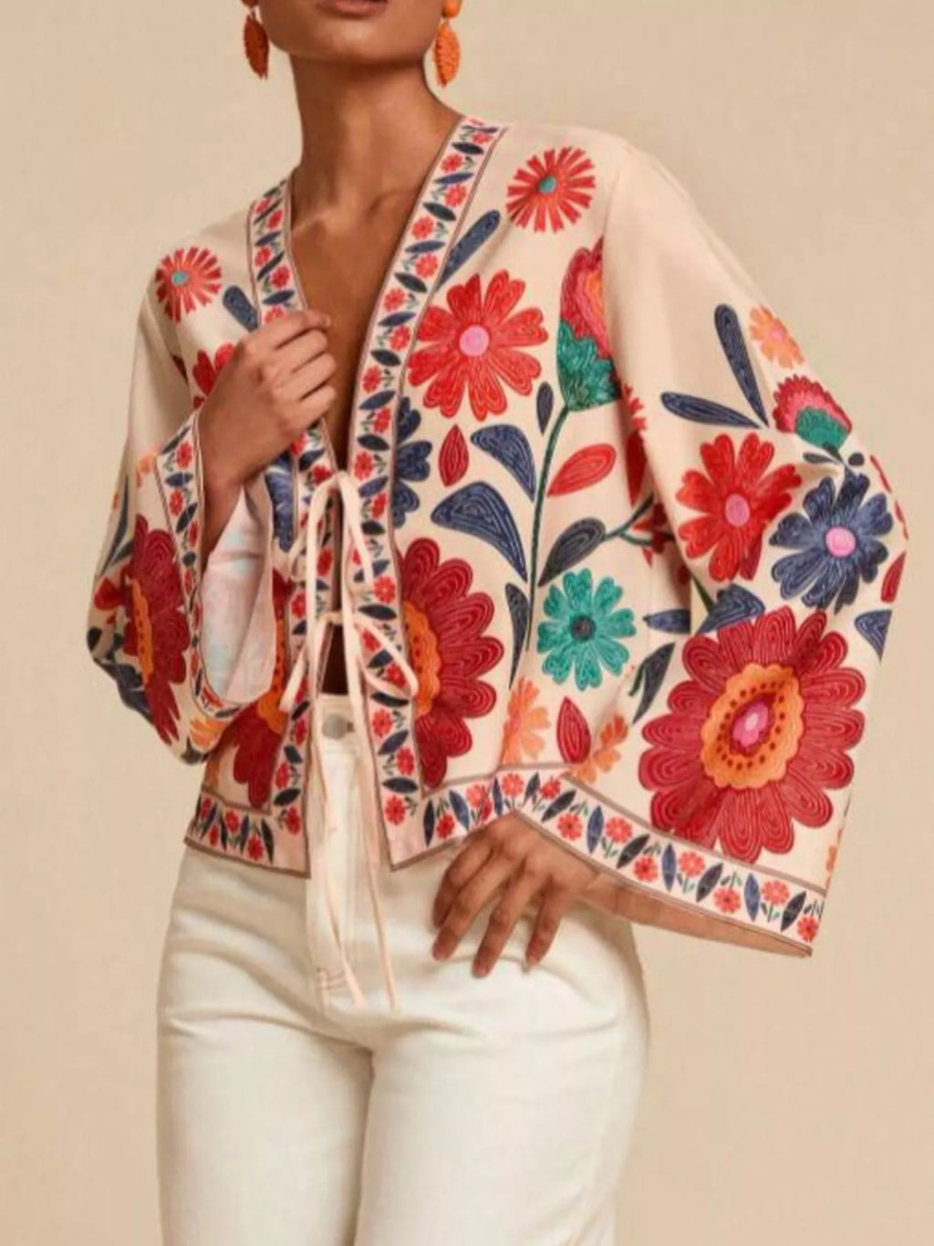 Floral Embroidered Tie-Front Shirt