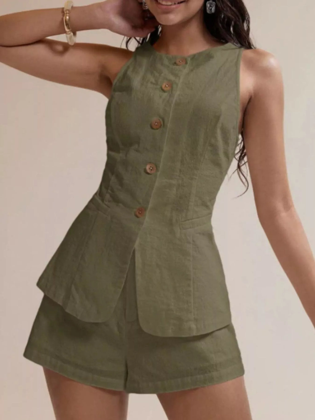 Button-Down Sleeveless Top and Shorts Set