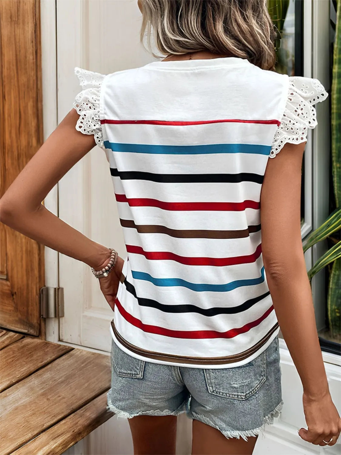 Striped Round Neck Cap Sleeve T-Shirt