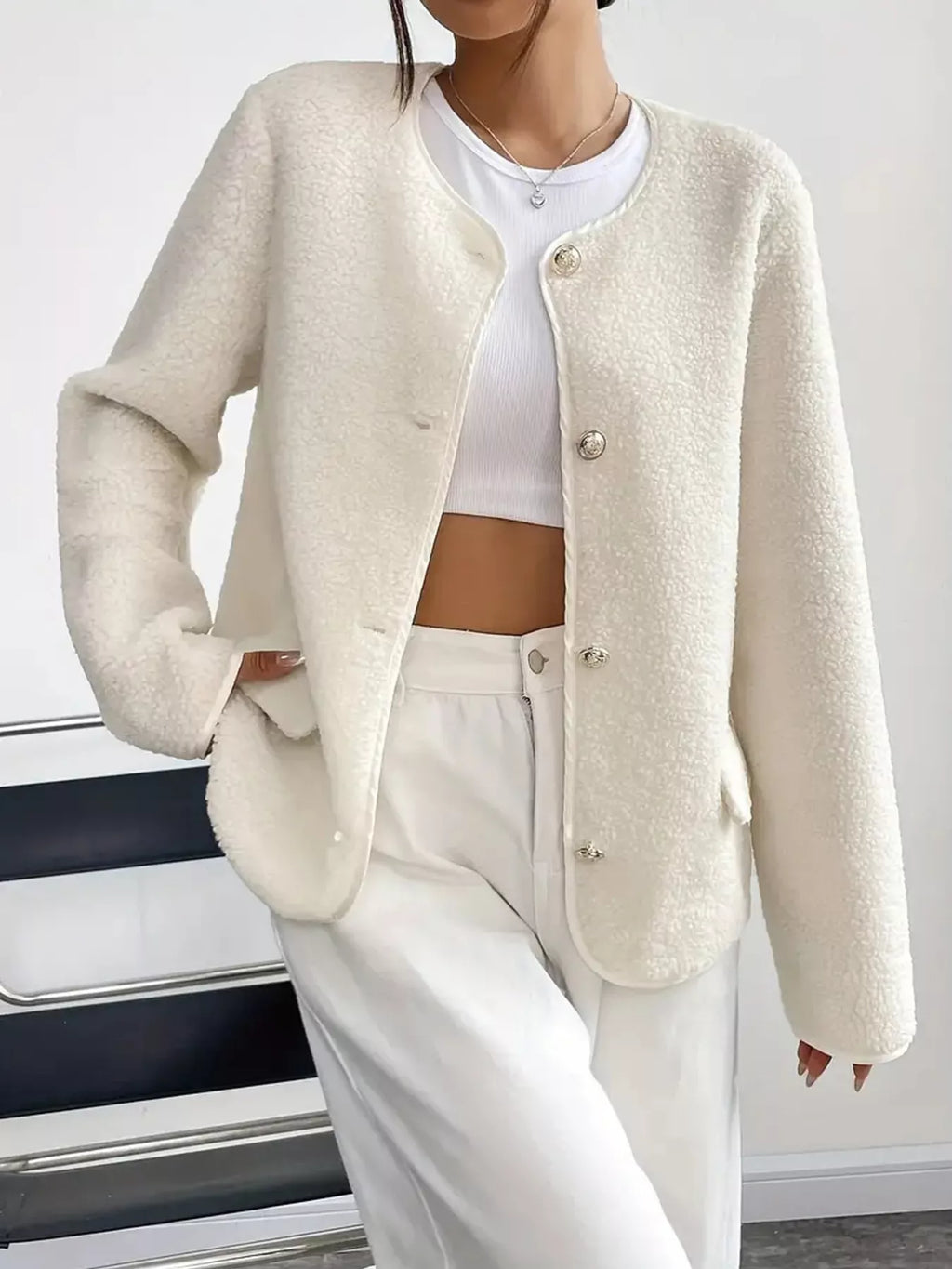 Full Size Textured Button-Up Fleece Outerwear Plus Size