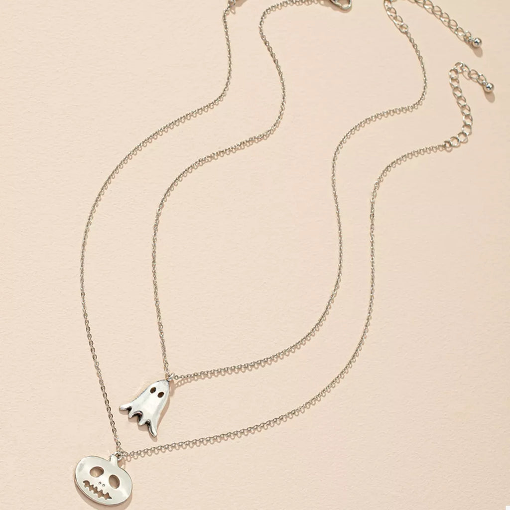 2 Piece Halloween Ghost & Pumpkin Pendant Necklace