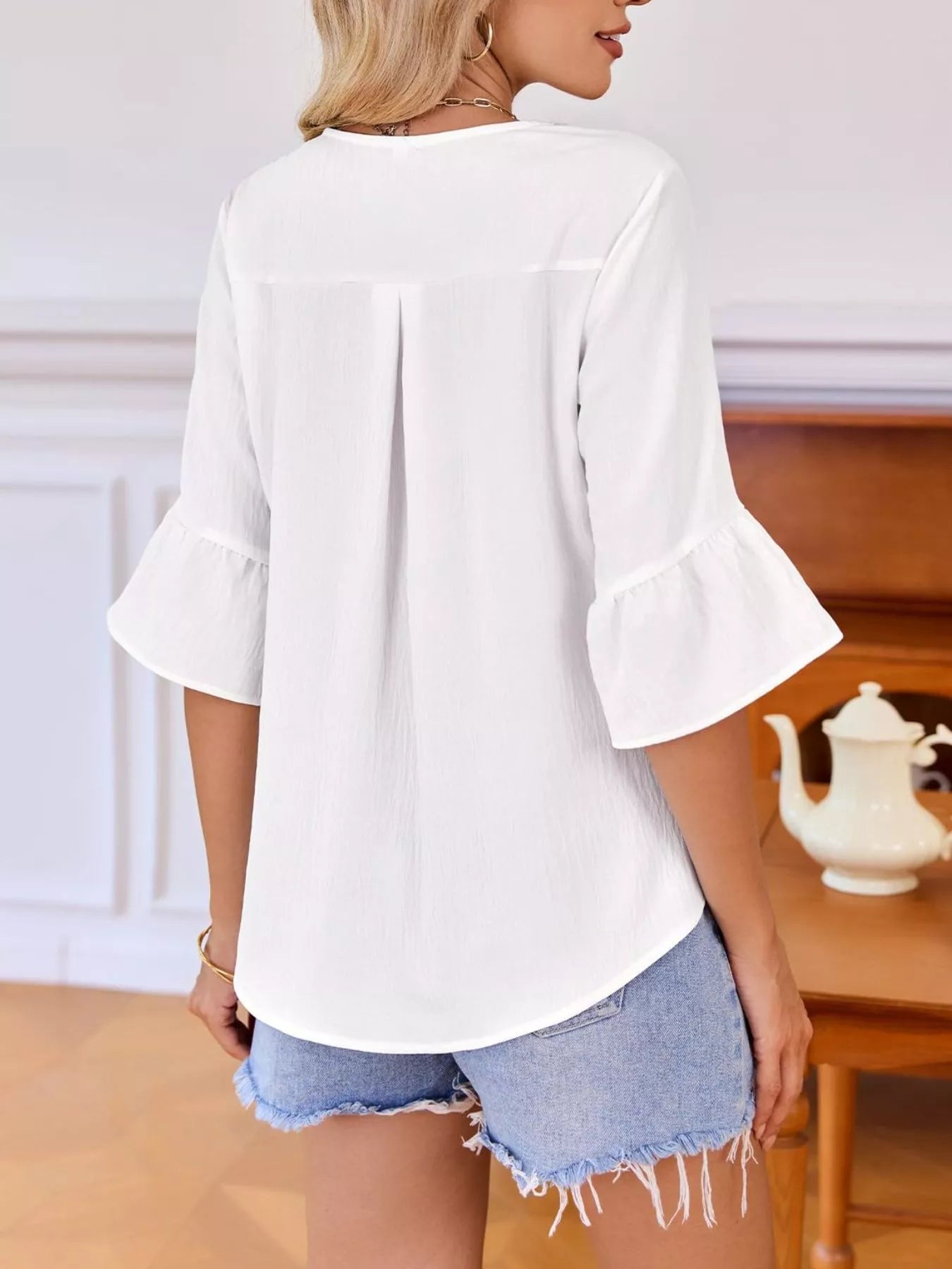 Ruffle Trim V-Neck Blouse