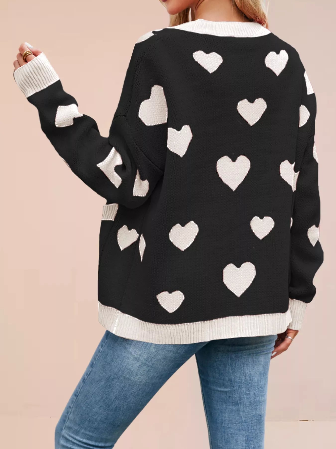 Heart Pattern Button-Up Knit Cardigan