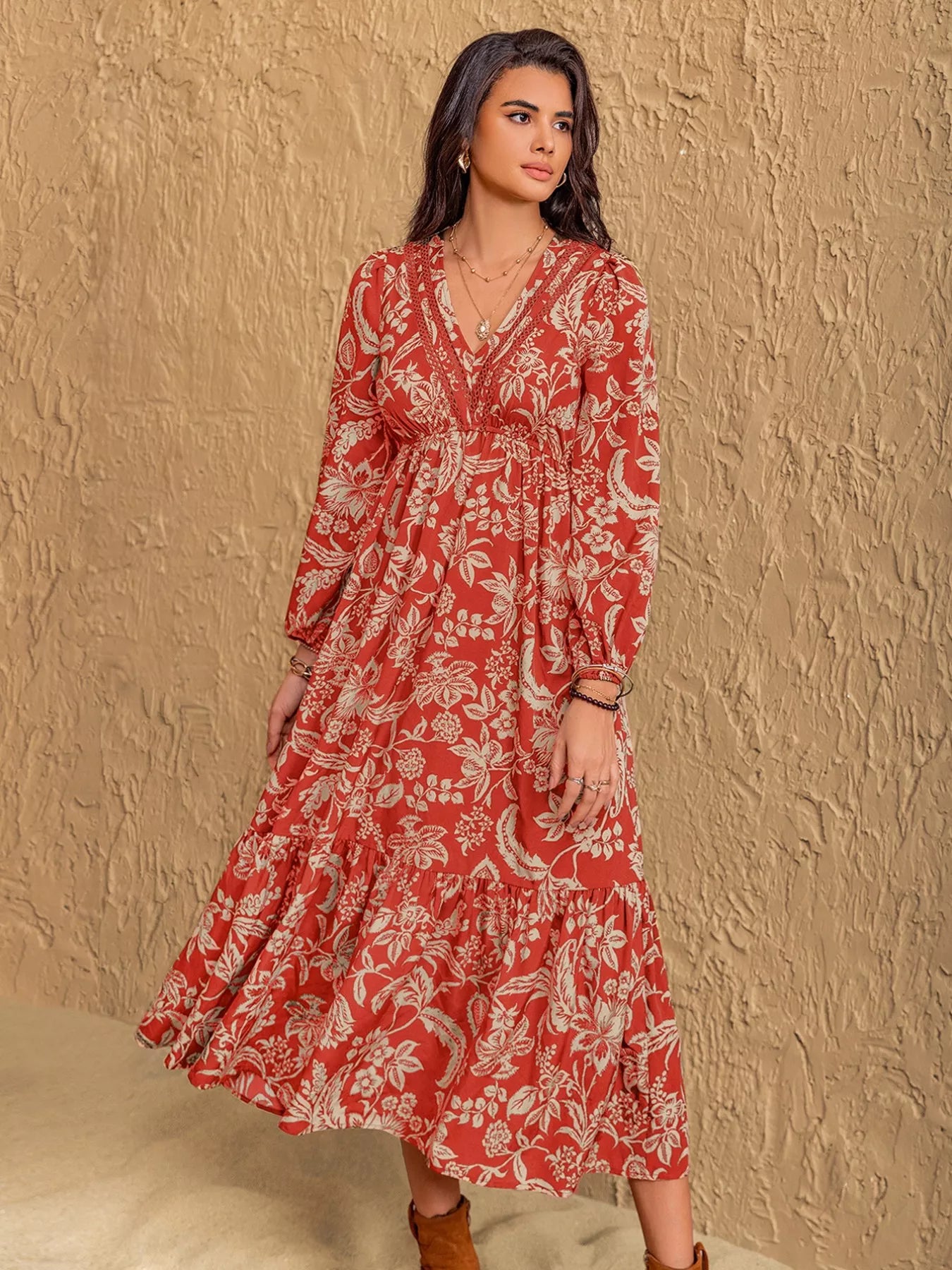 Boho Floral Print Long Sleeve Midi Dress