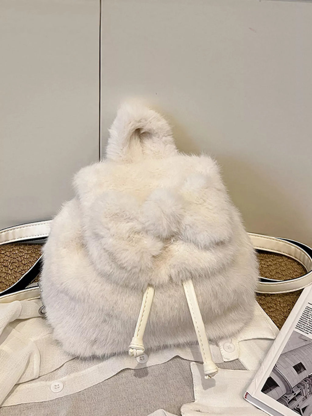 Fuzzy Plush Drawstring Backpack Bag