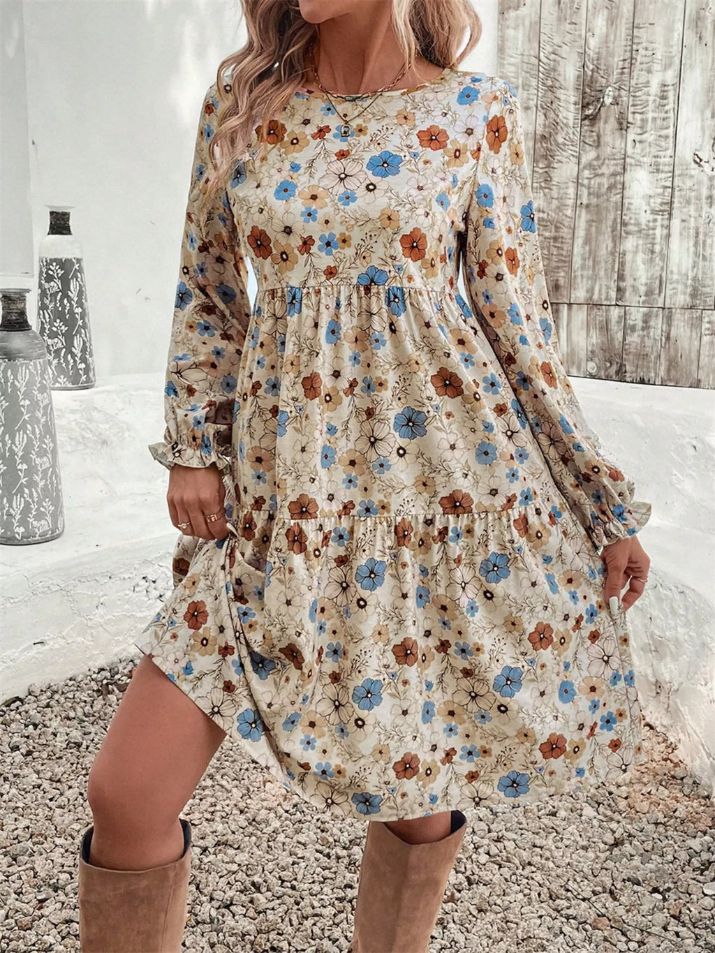 Floral Print Ruffle Hem Long Sleeve Casual Dress