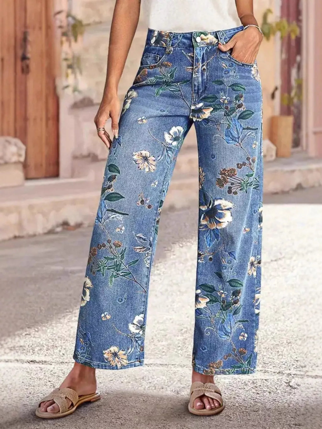 Floral Print Wide Leg Jeans