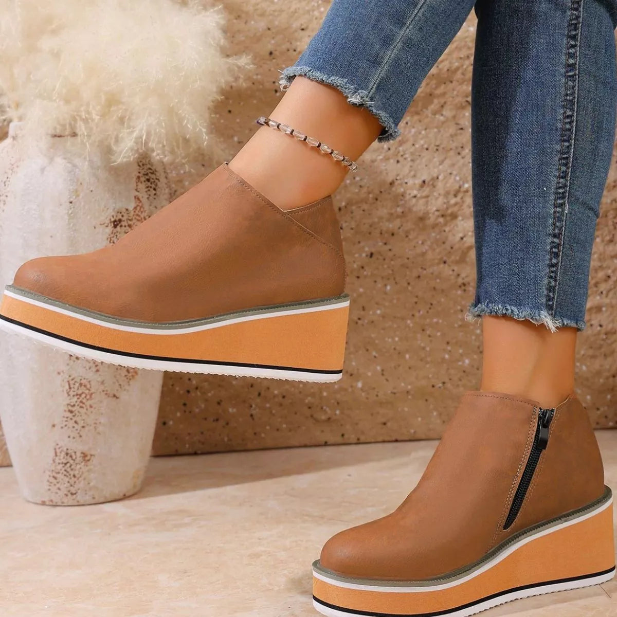 Round Toe Wedge Ankle Boots