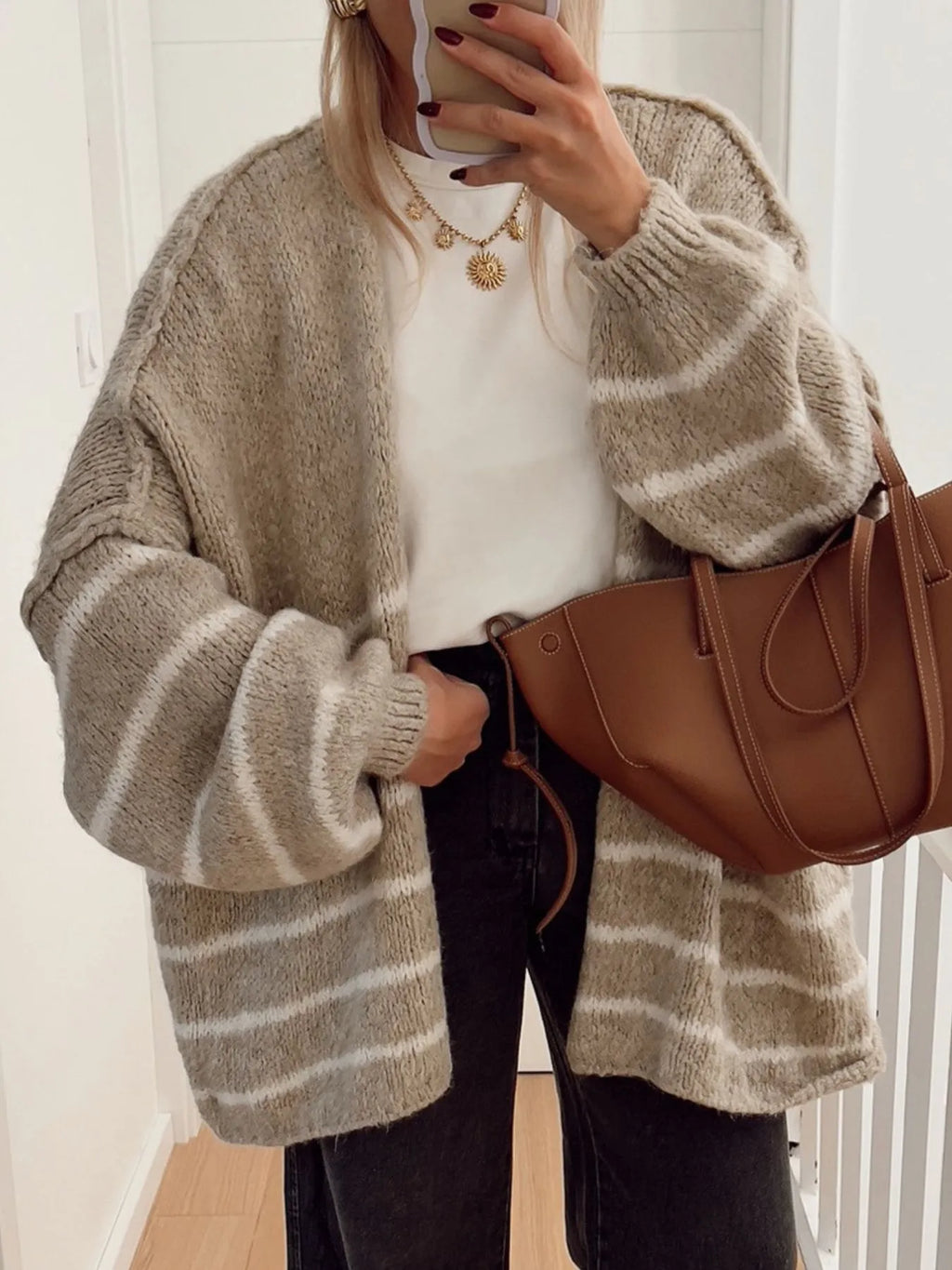 Striped Open Front Dropped Shoulder Cardigan