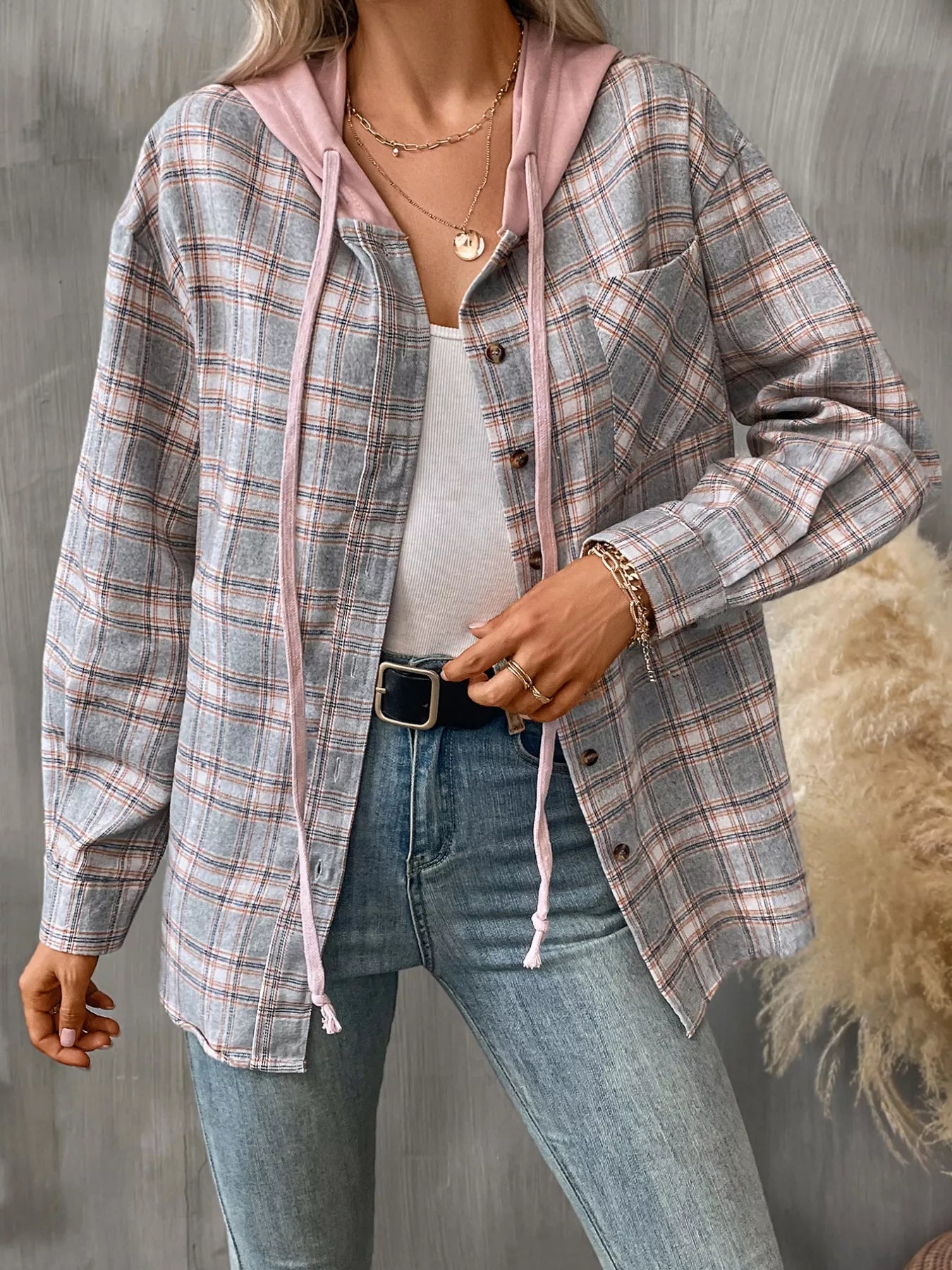 Plaid Button-Up Hooded Shirt with Chest Pocket