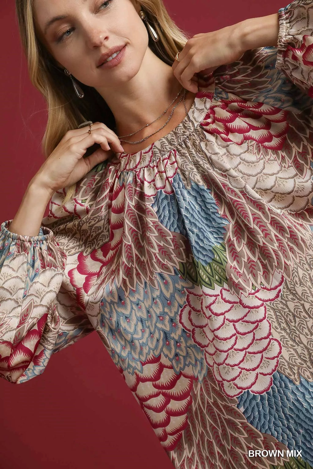 Umgee Boho Feather Print Peasant Blouse