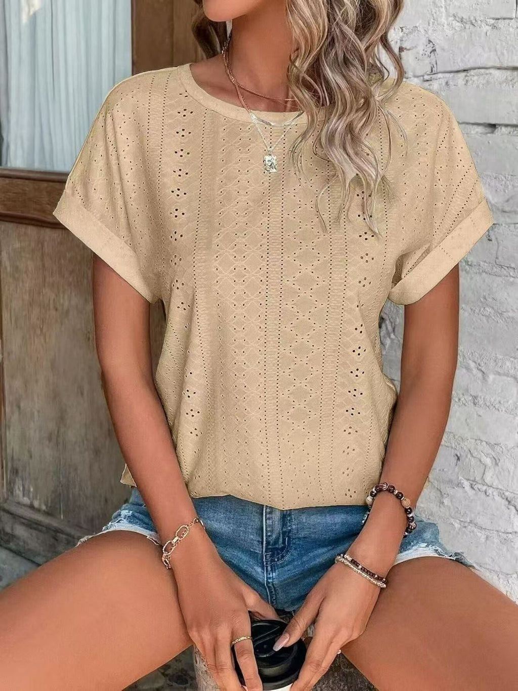 Eyelet Round Neck Short Sleeve Top