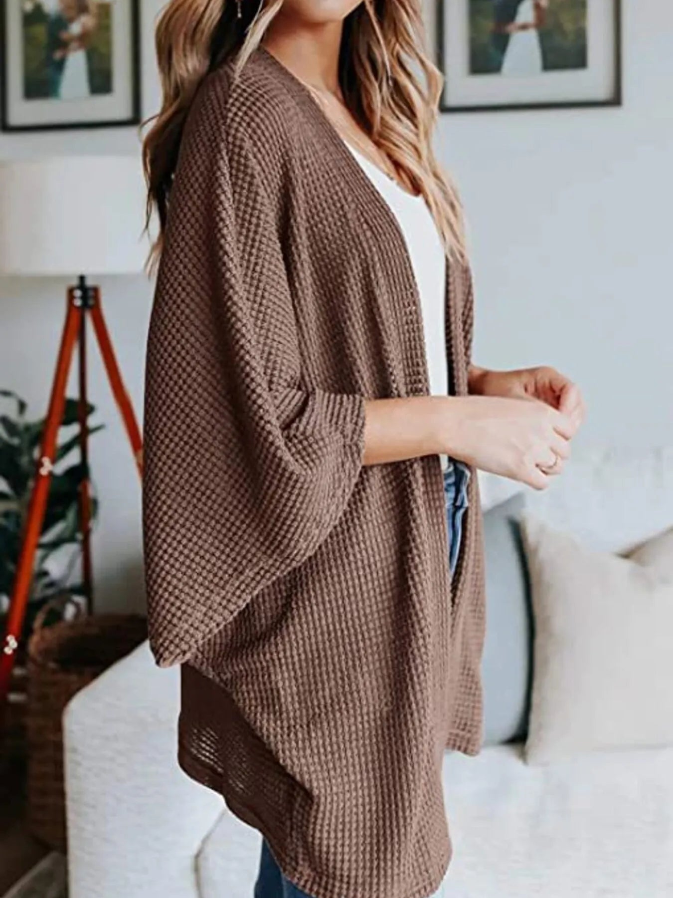 Full Size Open Front Waffle Knit Cardigan Plus Size