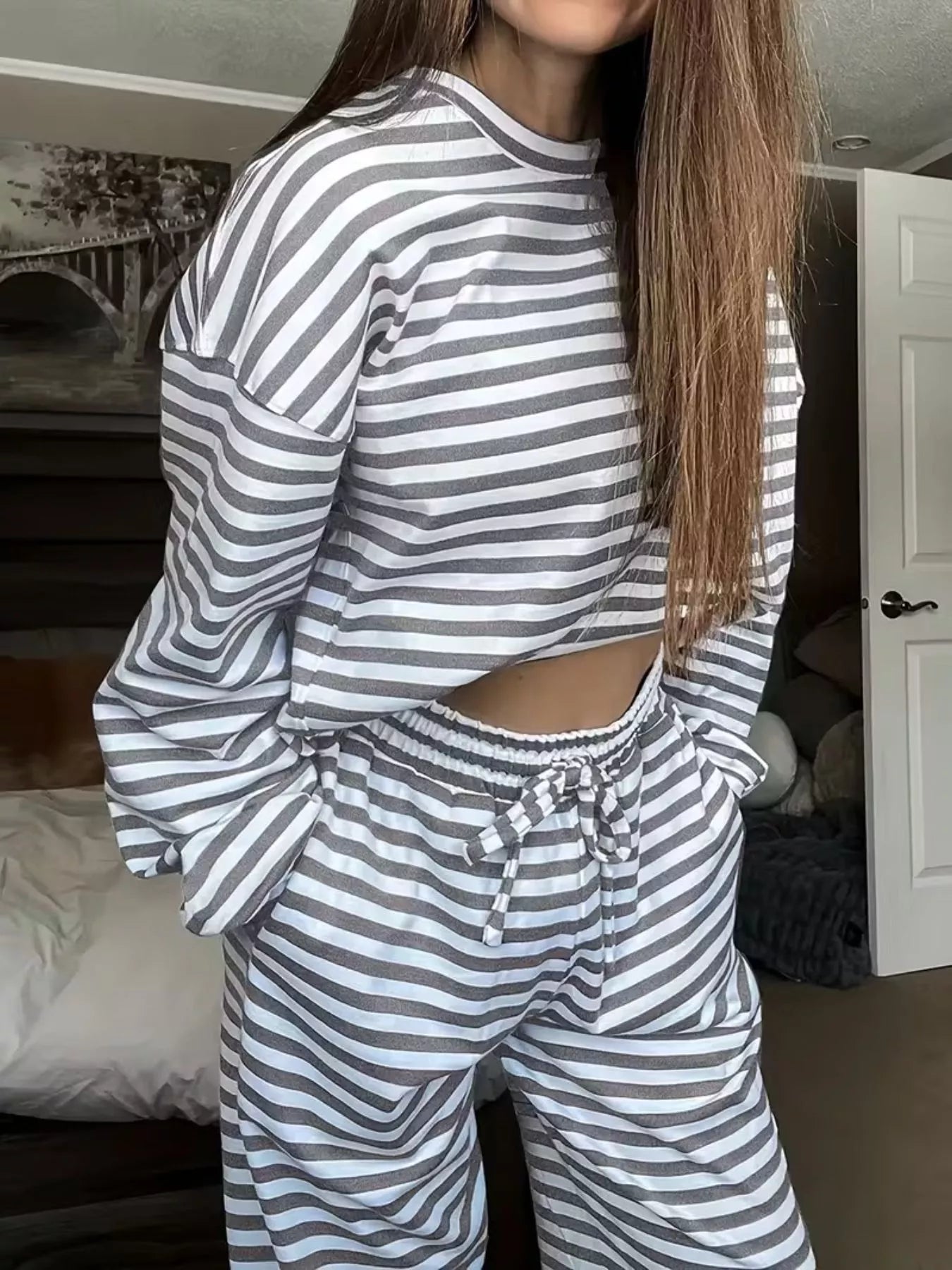 Striped Round Neck Top and Pants Set