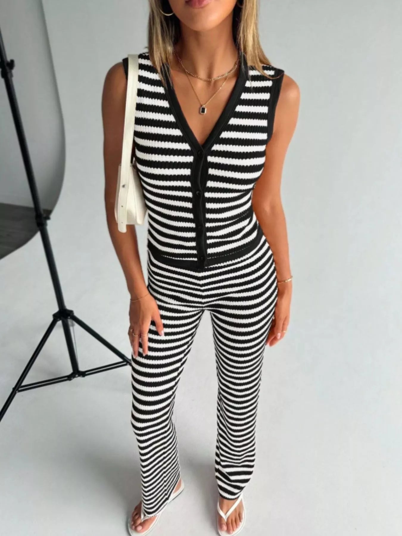 Striped Knit V-Neck Button-Up Sleeveless Top and Flare Pants Set