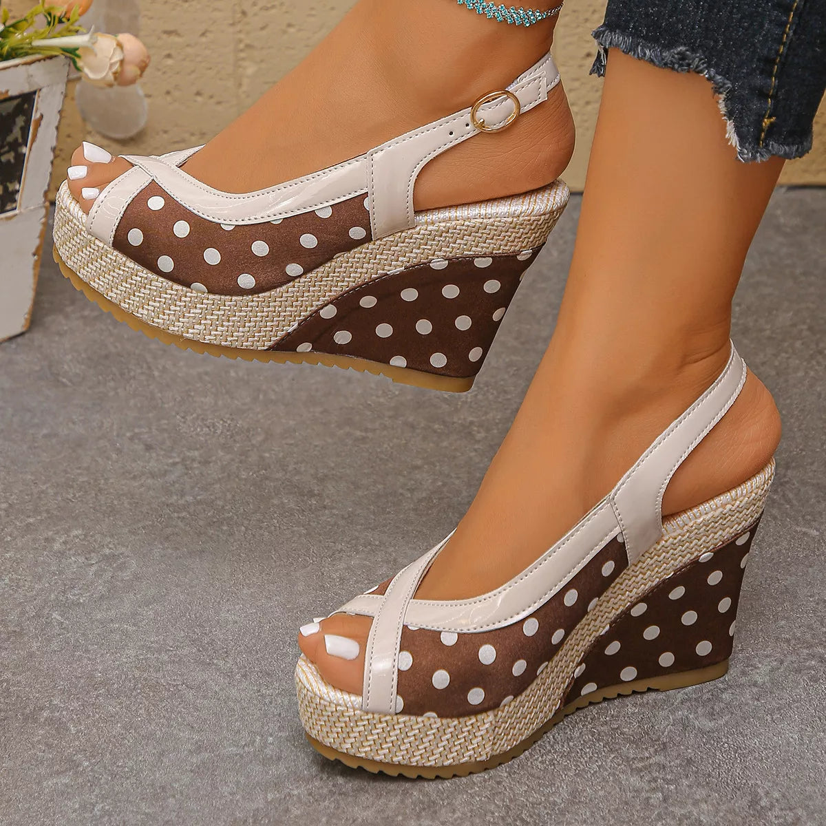 Polka Dot Peep Toe Wedge Sandals