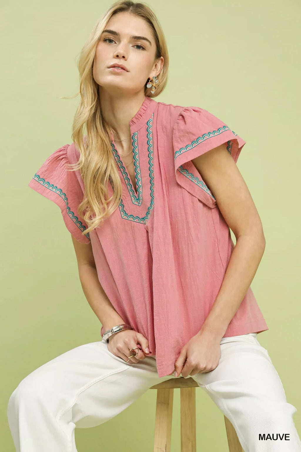 Umgee Embroidered Flutter Sleeve Blouse
