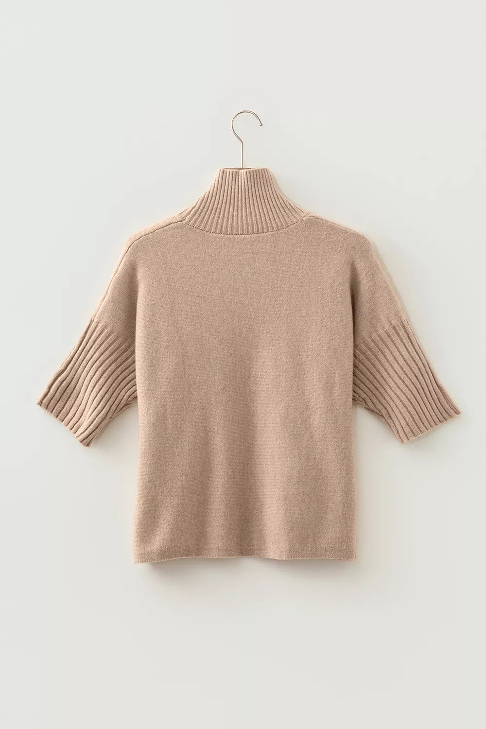 Ribbed Trim High Neck Short Sleeve Casual Sweater
