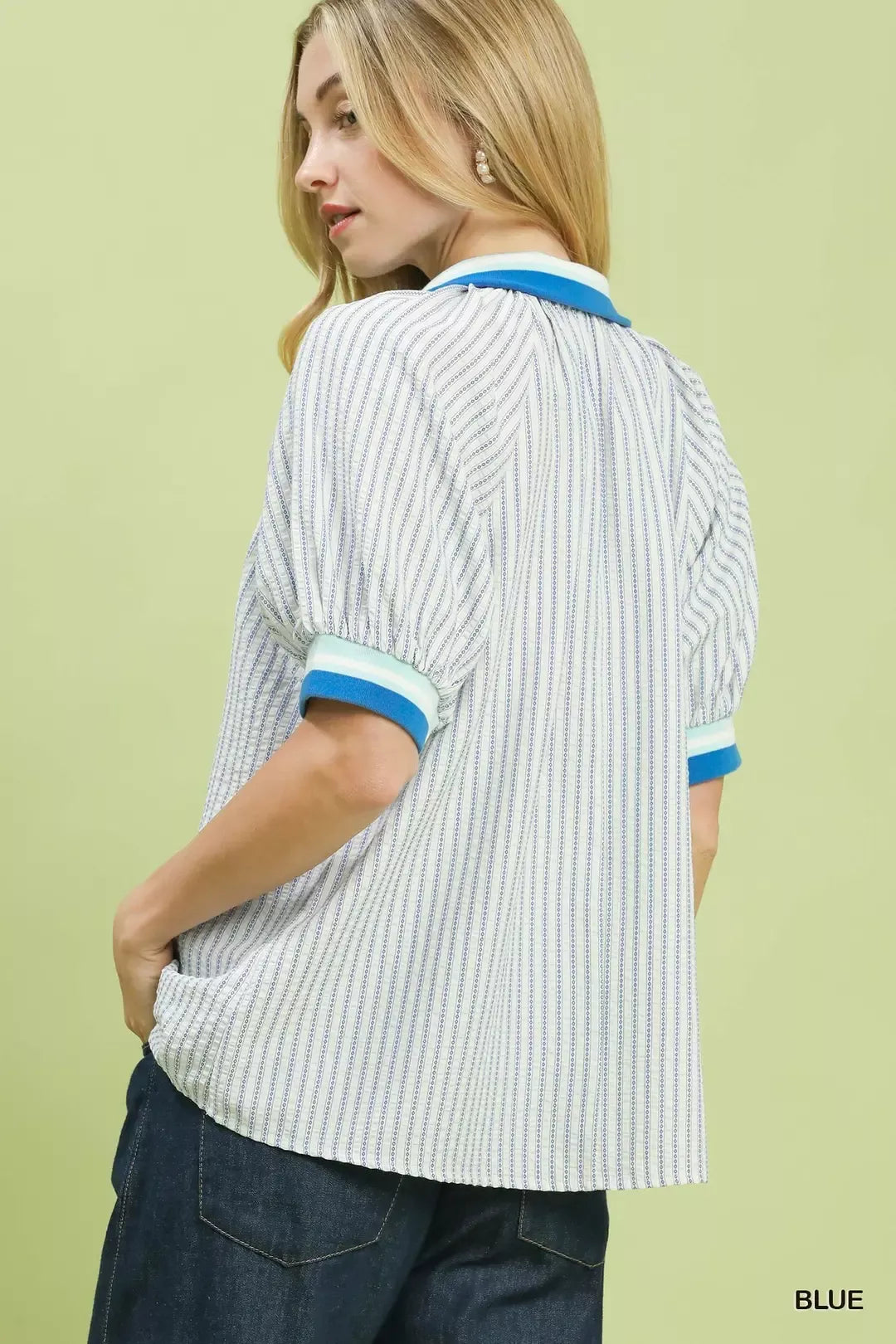 Umgee Botanical Print Puff Short Sleeve Blouse