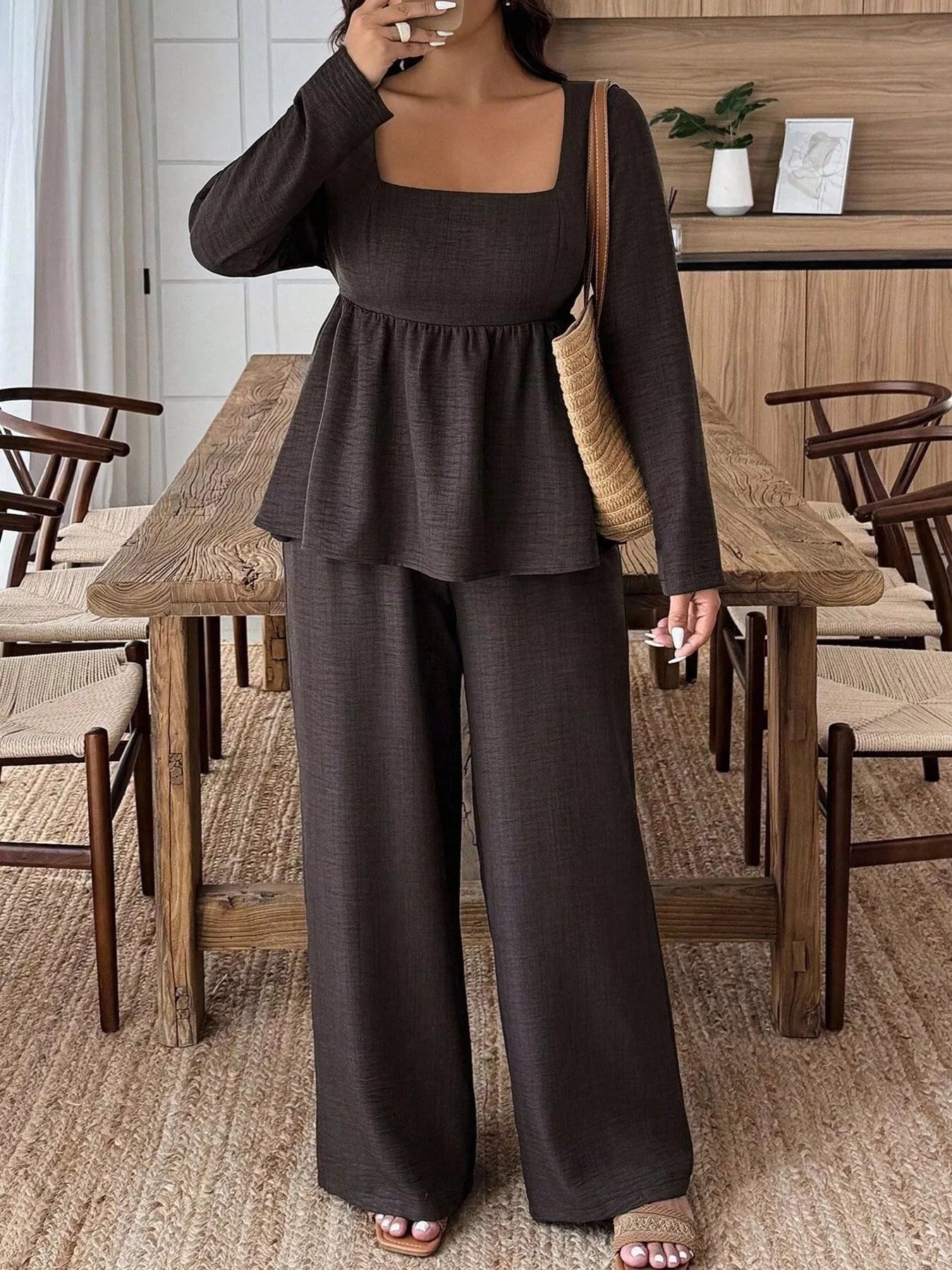 Plus Size Square Neck Long Sleeve Top and Pants Two-Piece Set