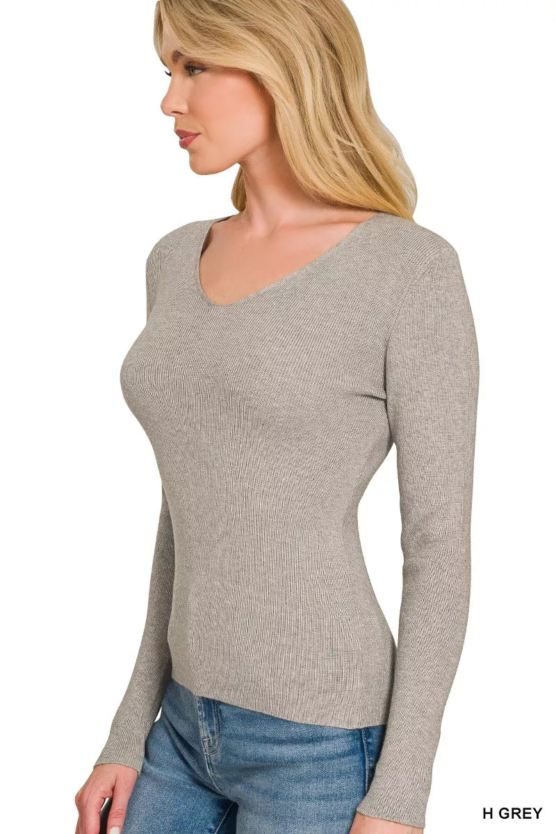 Zenana Viscose Fitted V-neck Sweater