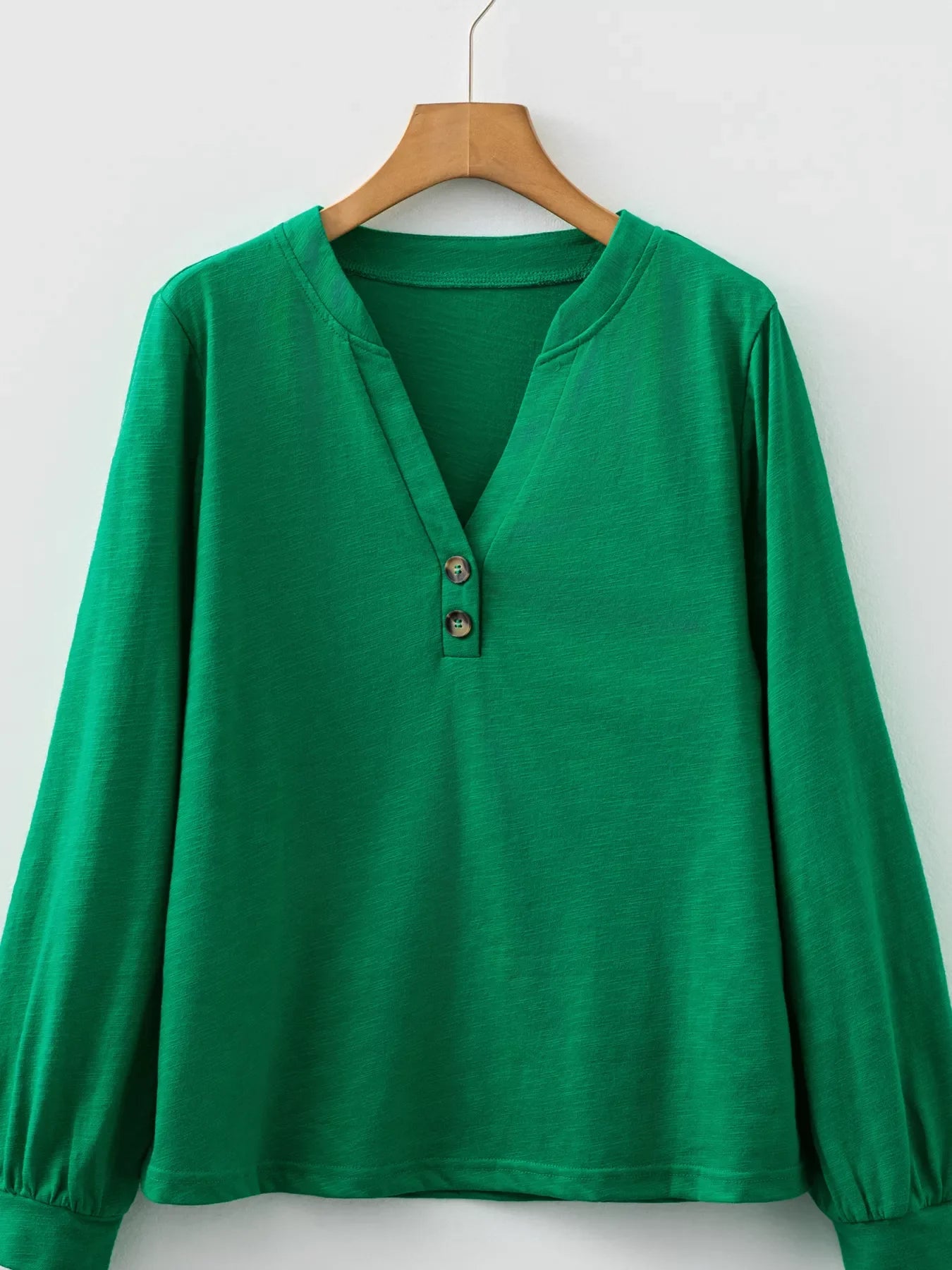 Solid Color Button V Neck Long Sleeve Top