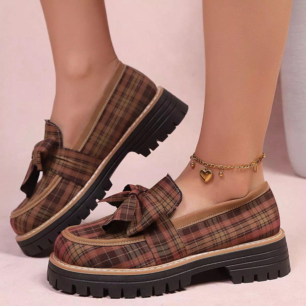 Plaid Bow Decor Chunky Loafers